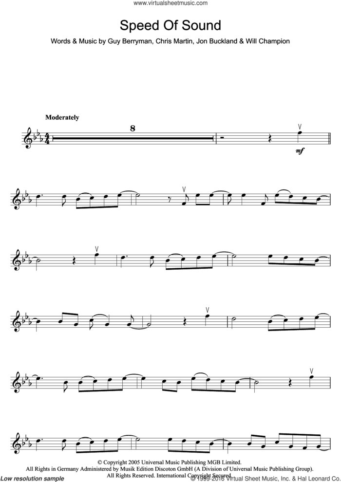 Speed Of Sound sheet music for violin solo by Coldplay, Chris Martin, Guy Berryman, Jonny Buckland and Will Champion, intermediate skill level