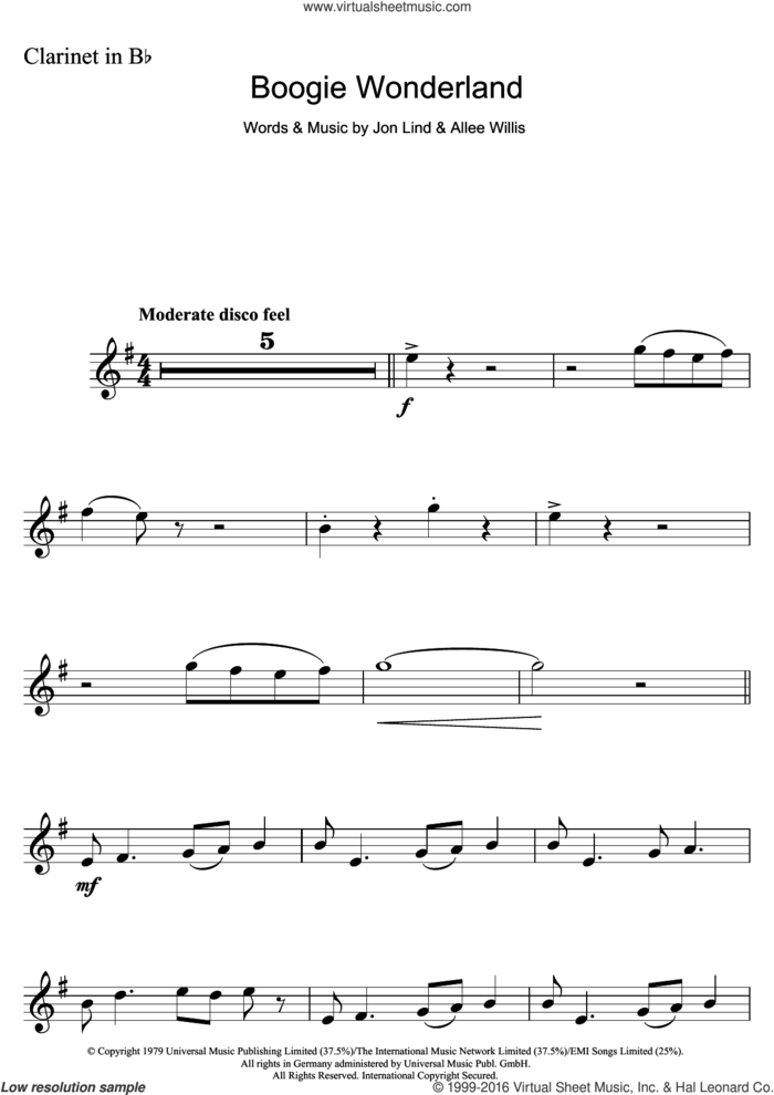 Boogie Wonderland sheet music for clarinet solo by Earth, Wind & Fire, Allee Willis and Jon Lind, intermediate skill level