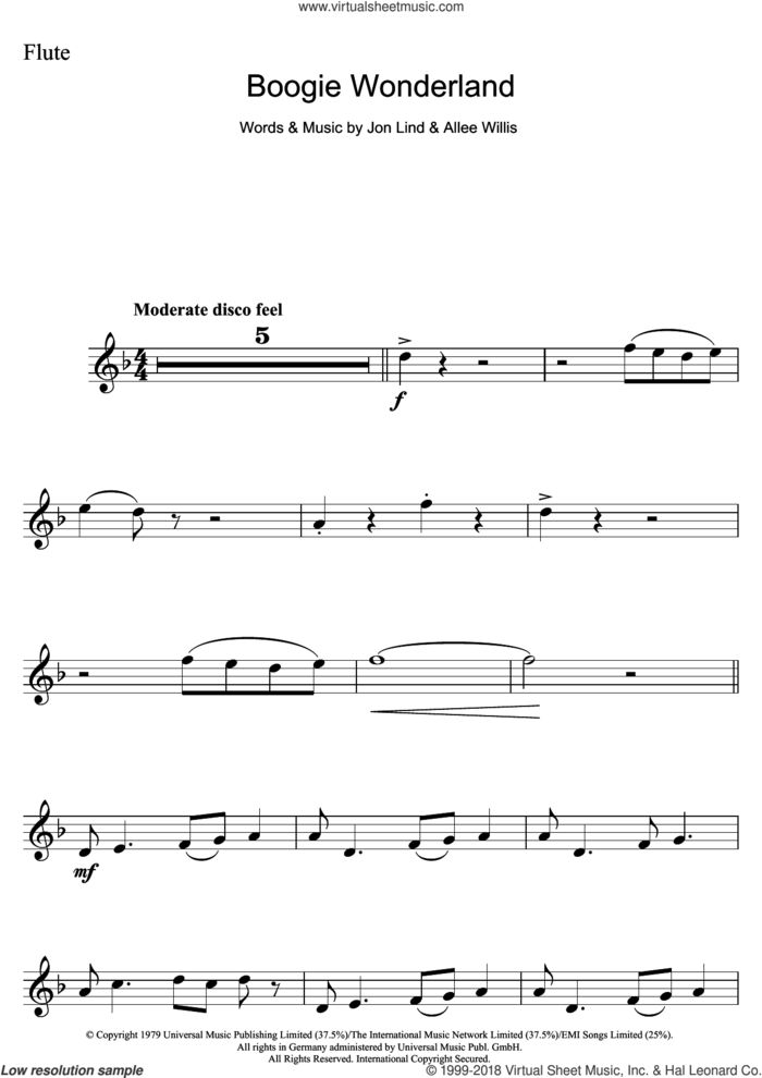 Boogie Wonderland sheet music for flute solo by Earth, Wind & Fire, Allee Willis and Jon Lind, intermediate skill level