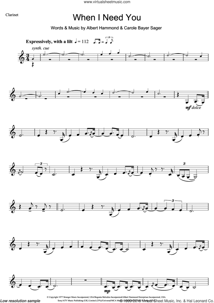 When I Need You sheet music for clarinet solo by Leo Sayer, Celine Dion, Will Mellor, Albert Hammond and Carole Bayer Sager, intermediate skill level