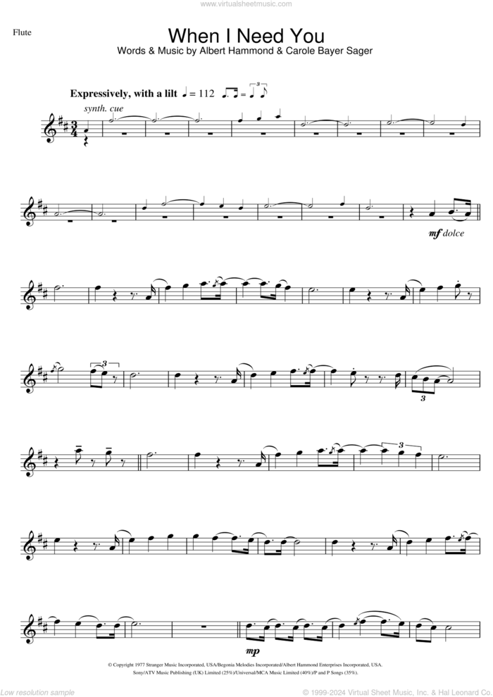 When I Need You sheet music for flute solo by Leo Sayer, Celine Dion, Will Mellor, Albert Hammond and Carole Bayer Sager, intermediate skill level