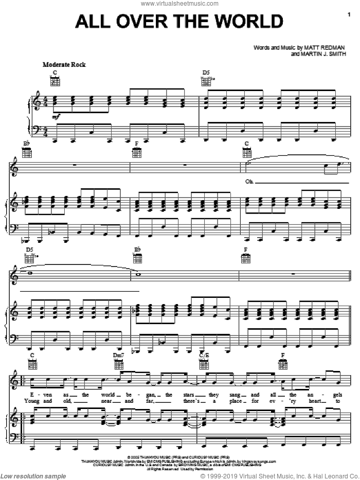 All Over The World sheet music for voice, piano or guitar by Tree63, Martin J. Smith and Matt Redman, intermediate skill level