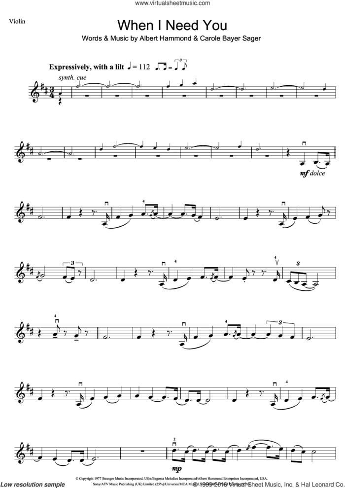 When I Need You sheet music for violin solo by Leo Sayer, Celine Dion, Will Mellor, Albert Hammond and Carole Bayer Sager, intermediate skill level