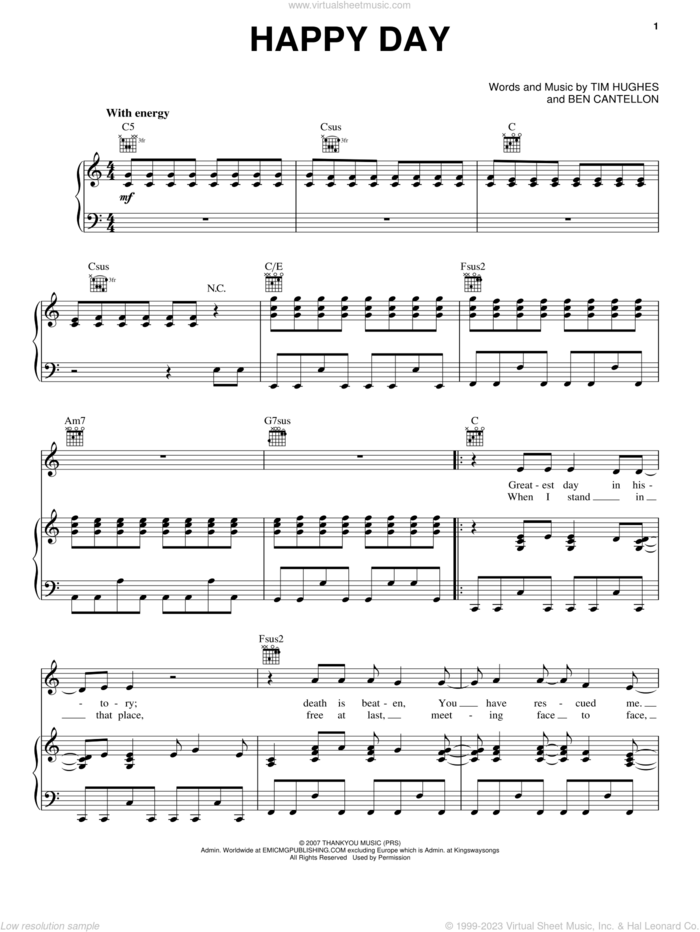 Happy Day sheet music for voice, piano or guitar by Tim Hughes and Ben Cantellon, intermediate skill level