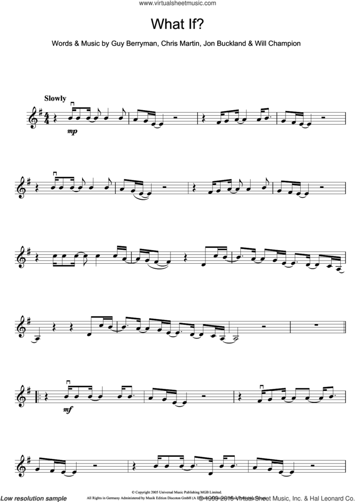 What If? sheet music for violin solo by Coldplay, Chris Martin, Guy Berryman, Jonny Buckland and Will Champion, intermediate skill level
