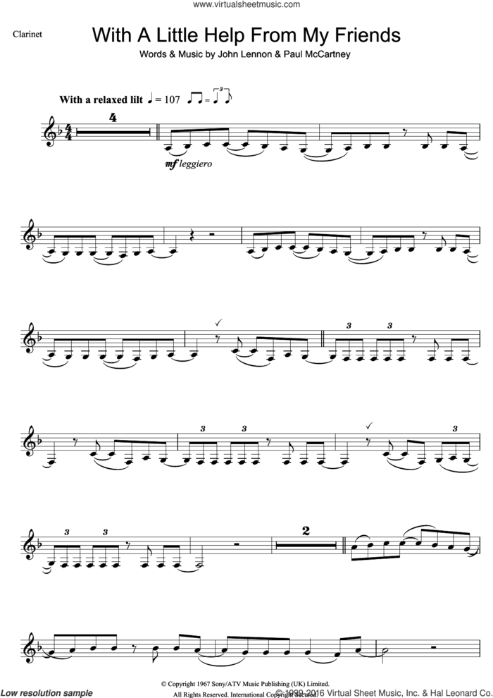 With A Little Help From My Friends sheet music for clarinet solo by The Beatles, John Lennon and Paul McCartney, intermediate skill level