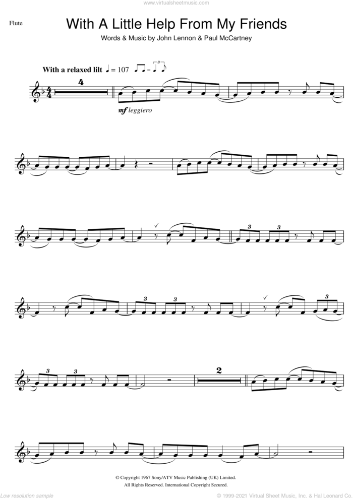 With A Little Help From My Friends sheet music for flute solo by The Beatles, John Lennon and Paul McCartney, intermediate skill level