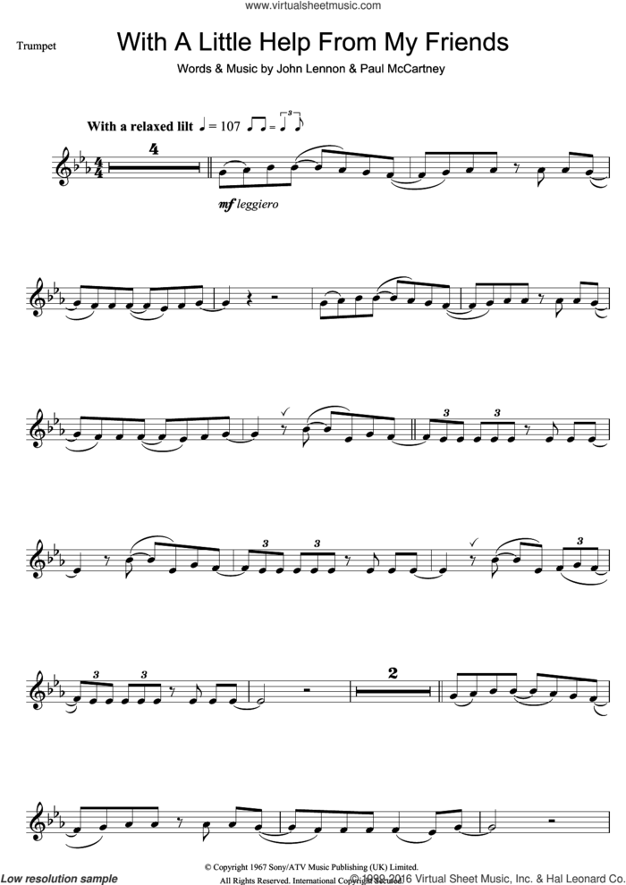 With A Little Help From My Friends sheet music for trumpet solo by The Beatles, John Lennon and Paul McCartney, intermediate skill level