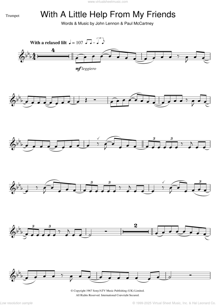 With A Little Help From My Friends sheet music for trumpet solo by The Beatles, John Lennon and Paul McCartney, intermediate skill level