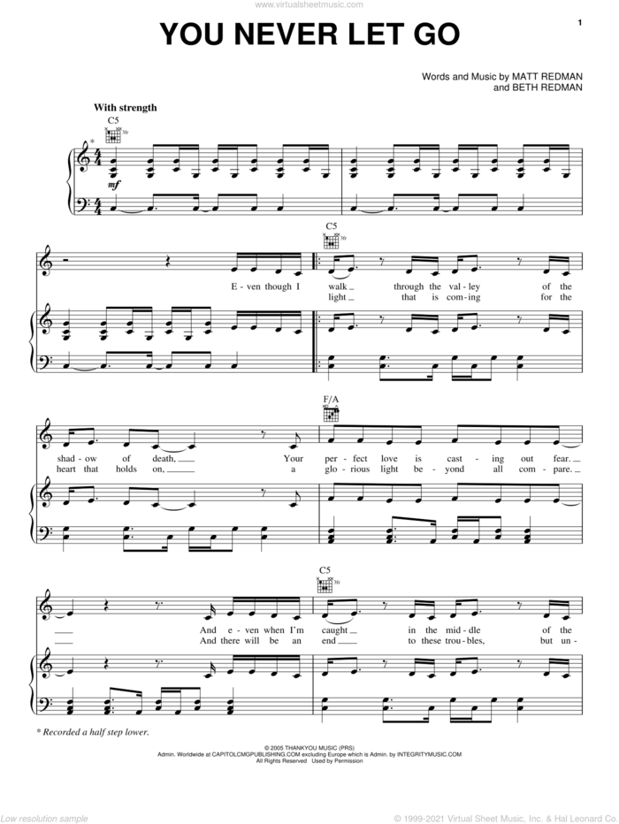 You Never Let Go sheet music for voice, piano or guitar by Matt Redman and Beth Redman, intermediate skill level