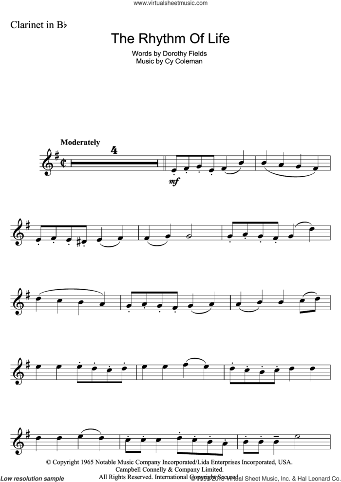 The Rhythm Of Life (from Sweet Charity) sheet music for clarinet solo by Dorothy Fields and Cy Coleman, intermediate skill level