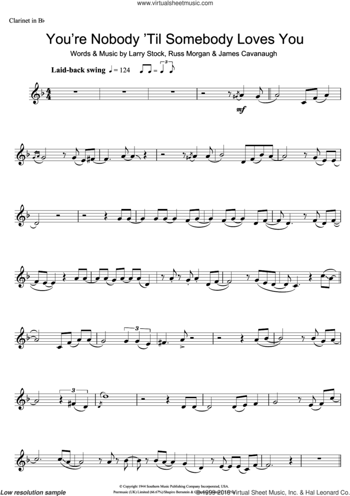 You're Nobody Till Somebody Loves You sheet music for clarinet solo by Frank Sinatra, Jamie Cullum, James Cavanaugh, Larry Stock and Russ Morgan, intermediate skill level