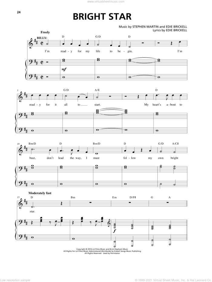 Bright Star sheet music for voice and piano by Edie Brickell, Stephen Martin and Stephen Martin & Edie Brickell, intermediate skill level