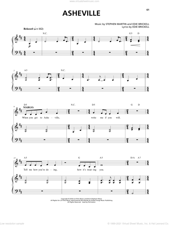Asheville sheet music for voice and piano by Edie Brickell, Stephen Martin and Stephen Martin & Edie Brickell, intermediate skill level