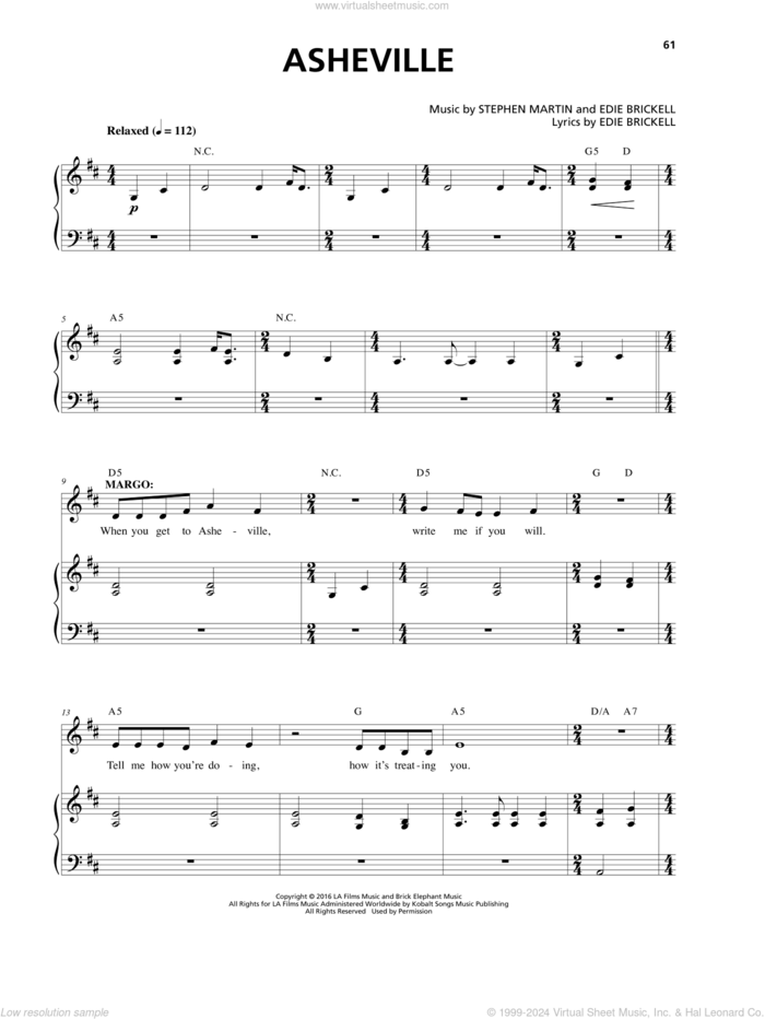 Asheville sheet music for voice and piano by Edie Brickell, Stephen Martin and Stephen Martin & Edie Brickell, intermediate skill level