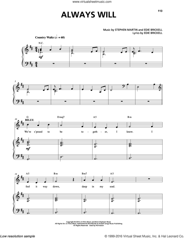 Always Will sheet music for voice and piano by Edie Brickell, Stephen Martin and Stephen Martin & Edie Brickell, intermediate skill level
