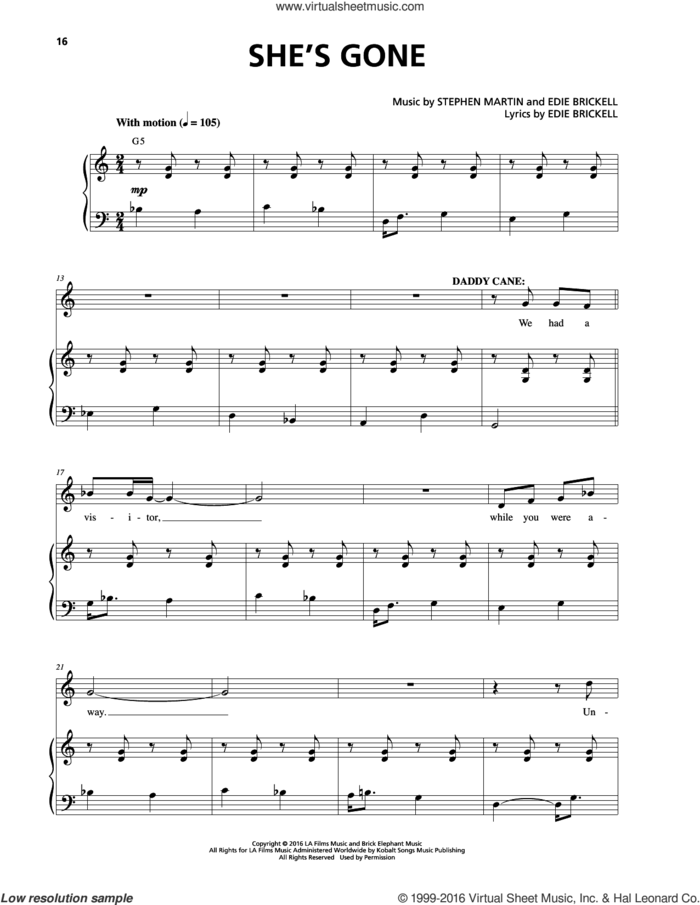 She's Gone sheet music for voice and piano by Edie Brickell, Stephen Martin and Stephen Martin & Edie Brickell, intermediate skill level