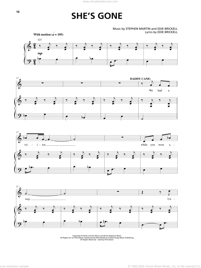 She's Gone sheet music for voice and piano by Edie Brickell, Stephen Martin and Stephen Martin & Edie Brickell, intermediate skill level