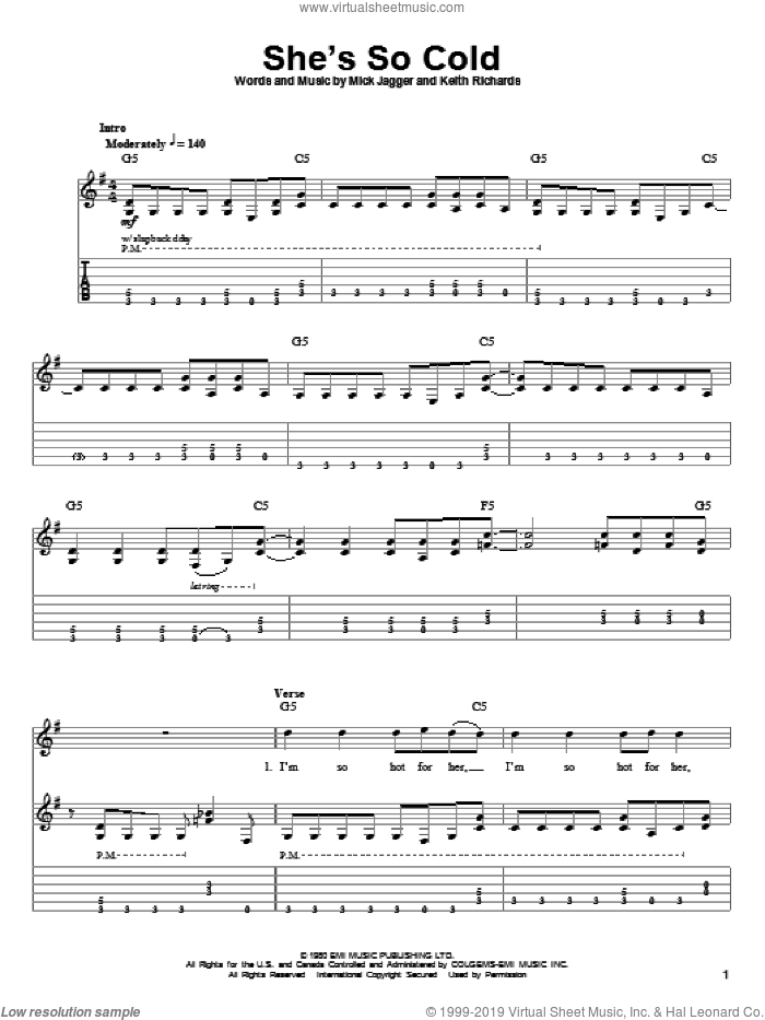 She's So Cold sheet music for guitar (tablature, play-along) by The Rolling Stones, Keith Richards and Mick Jagger, intermediate skill level