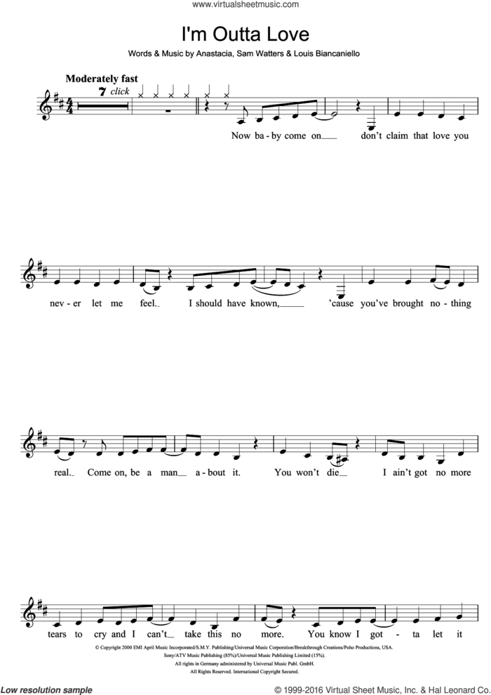 I'm Outta Love sheet music for clarinet solo by Anastacia, Louis Biancaniello and Sam Watters, intermediate skill level