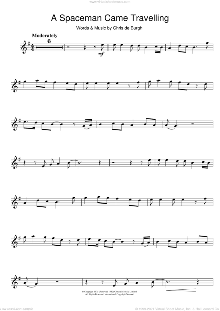 A Spaceman Came Travelling sheet music for violin solo by Chris de Burgh, intermediate skill level