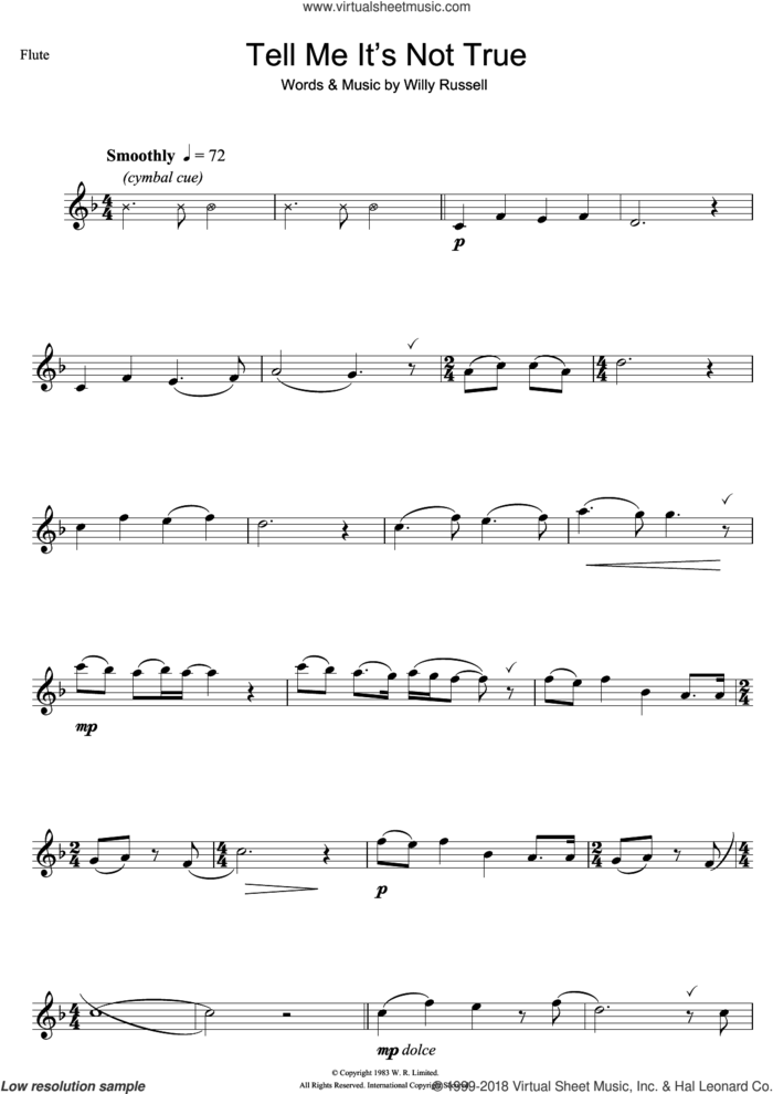 Tell Me It's Not True (from Blood Brothers) sheet music for flute solo by Willy Russell, intermediate skill level