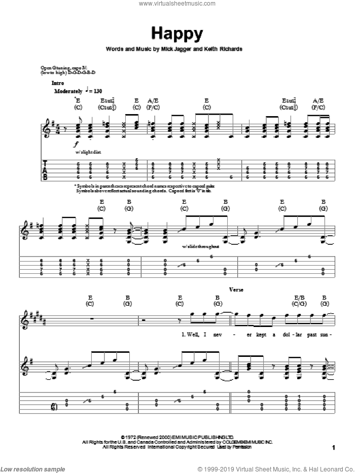 Happy sheet music for guitar (tablature, play-along) by The Rolling Stones, Keith Richards and Mick Jagger, intermediate skill level