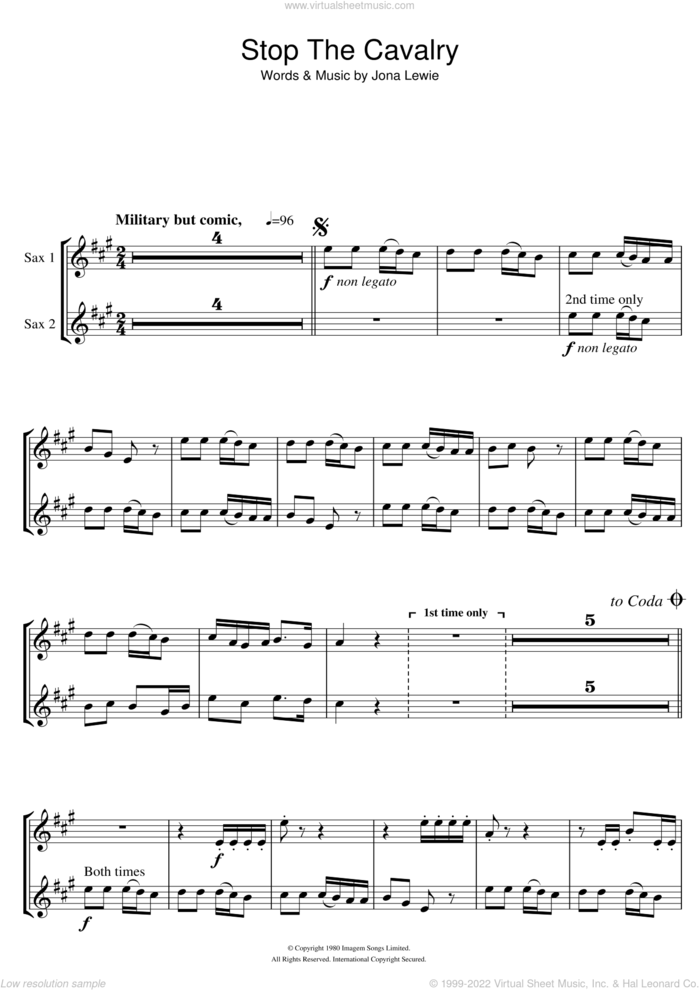 Stop The Cavalry sheet music for tenor saxophone solo by Jona Lewie, intermediate skill level