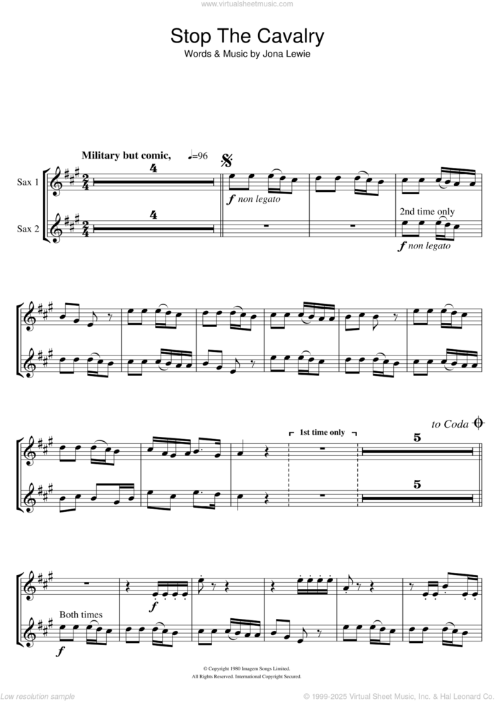 Stop The Cavalry sheet music for tenor saxophone solo by Jona Lewie, intermediate skill level