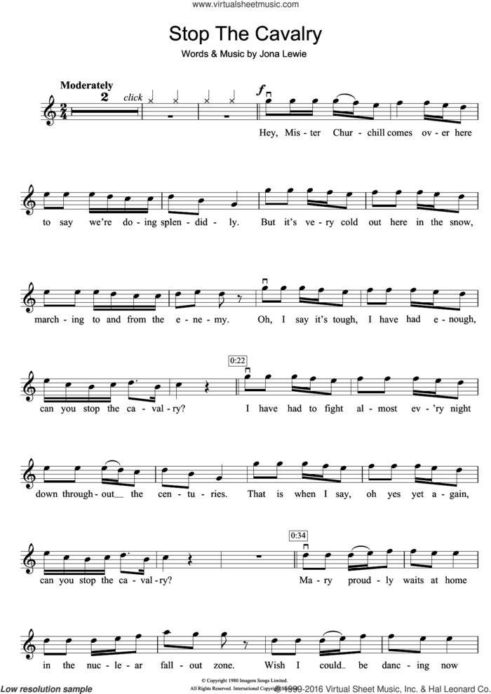 Stop The Cavalry sheet music for violin solo by Jona Lewie, intermediate skill level