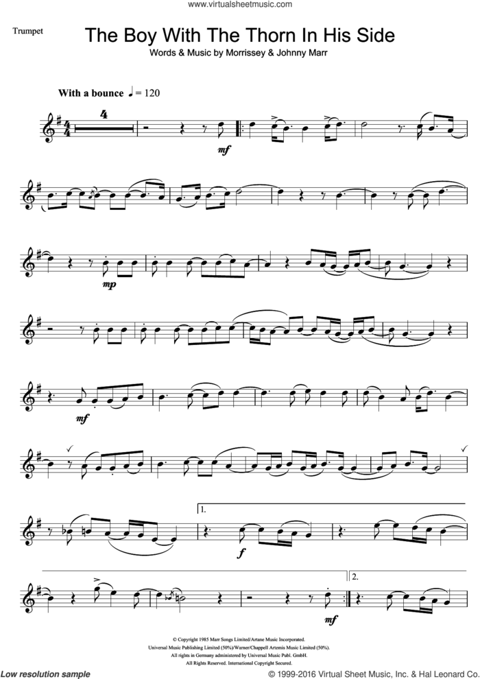 The Boy With The Thorn In His Side sheet music for trumpet solo by The Smiths, Johnny Marr and Steven Morrissey, intermediate skill level