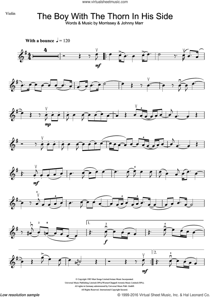 The Boy With The Thorn In His Side sheet music for violin solo by The Smiths, Johnny Marr and Steven Morrissey, intermediate skill level