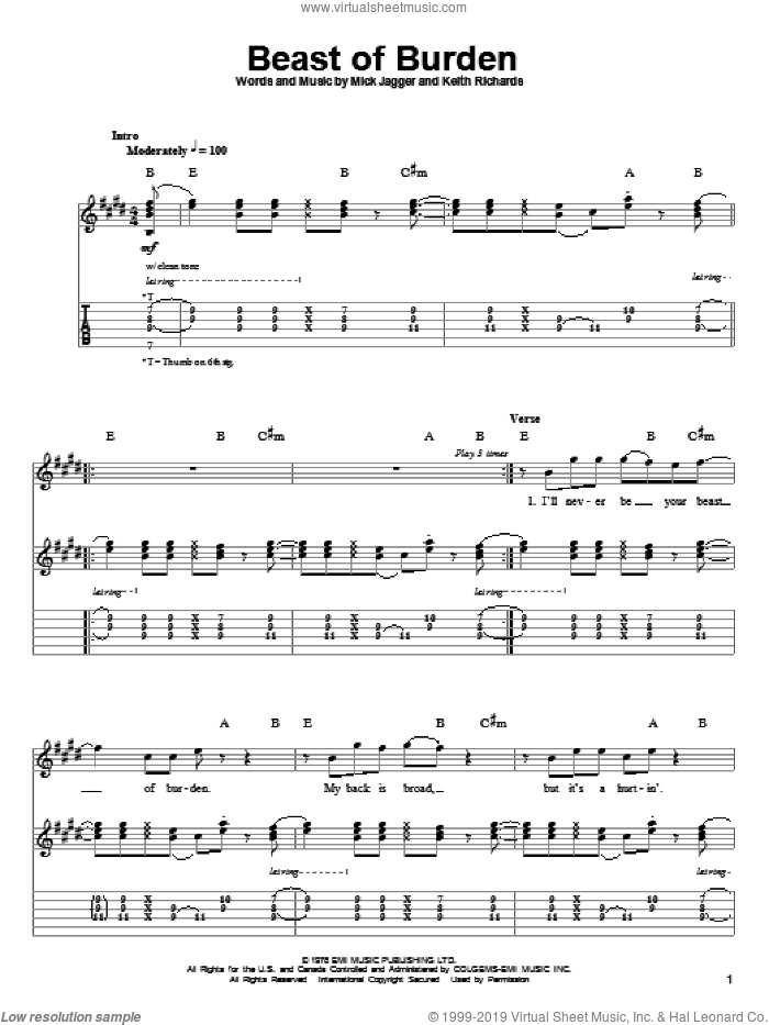 Beast Of Burden sheet music for guitar (tablature, play-along) by The Rolling Stones, Keith Richards and Mick Jagger, intermediate skill level