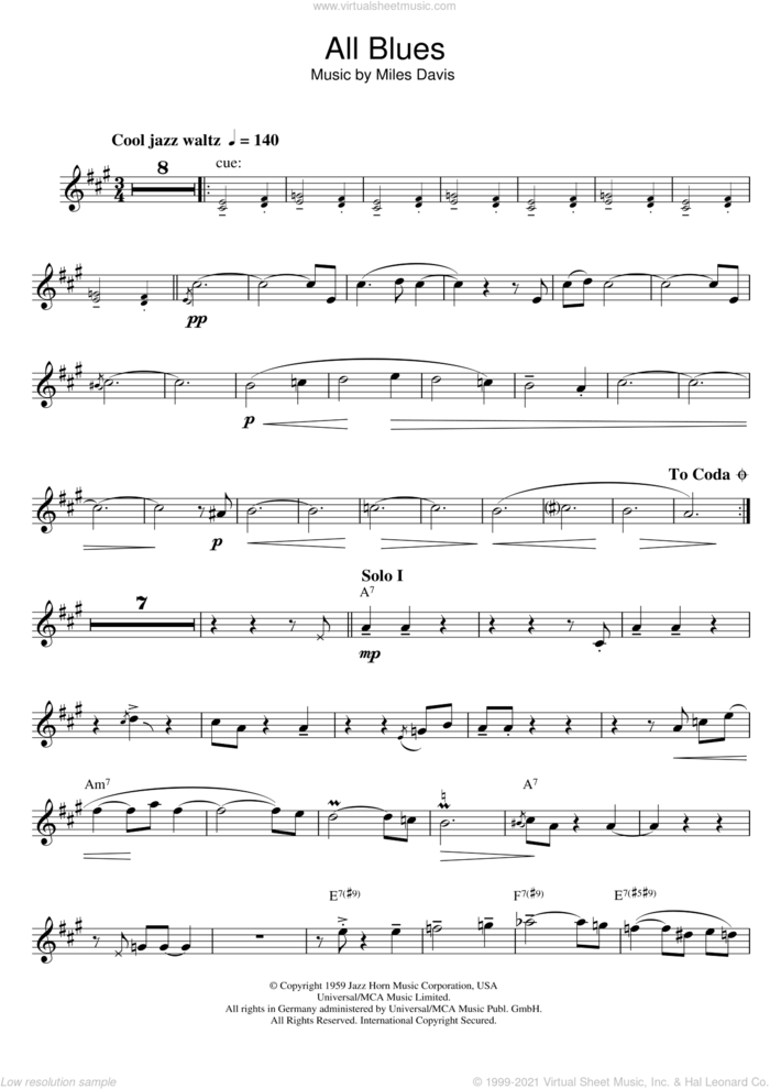 All Blues sheet music for clarinet solo by Miles Davis, intermediate skill level