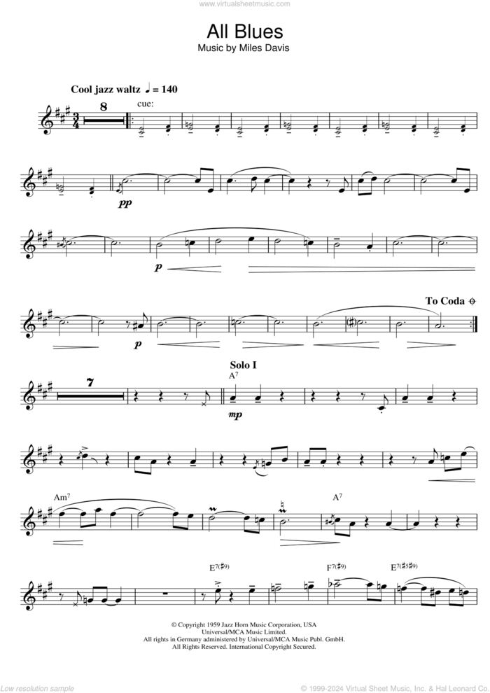 All Blues sheet music for clarinet solo by Miles Davis, intermediate skill level