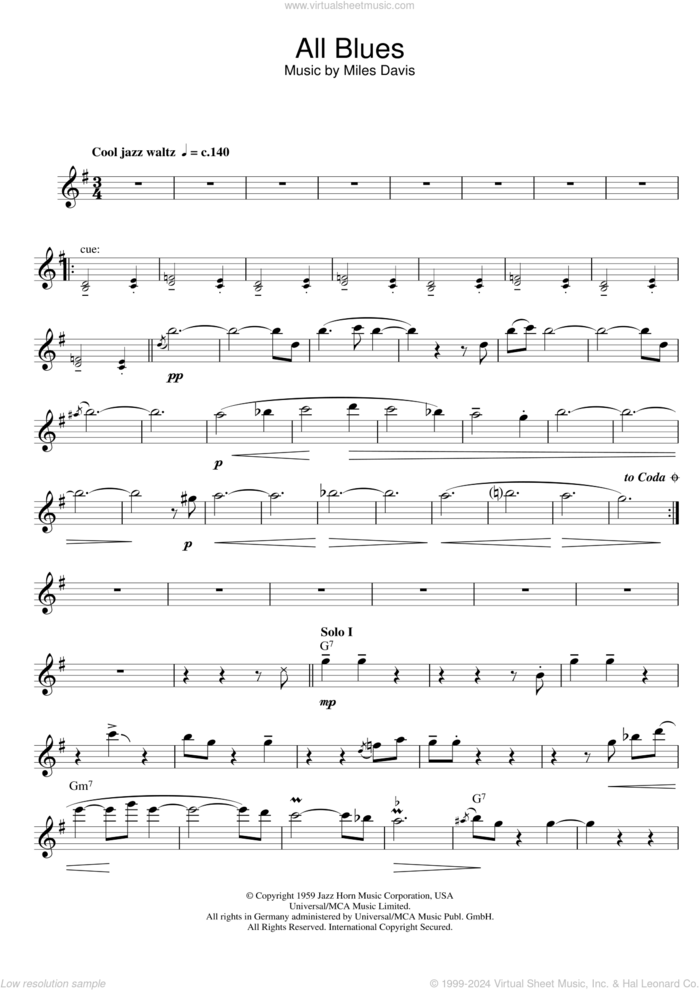 All Blues sheet music for flute solo by Miles Davis, intermediate skill level