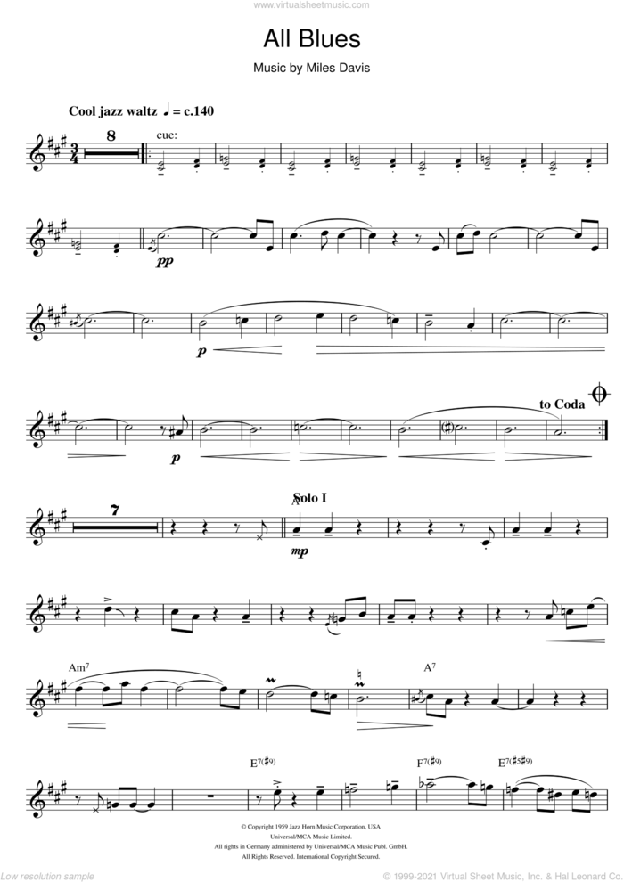 Davis All Blues sheet music for tenor saxophone solo [PDF]