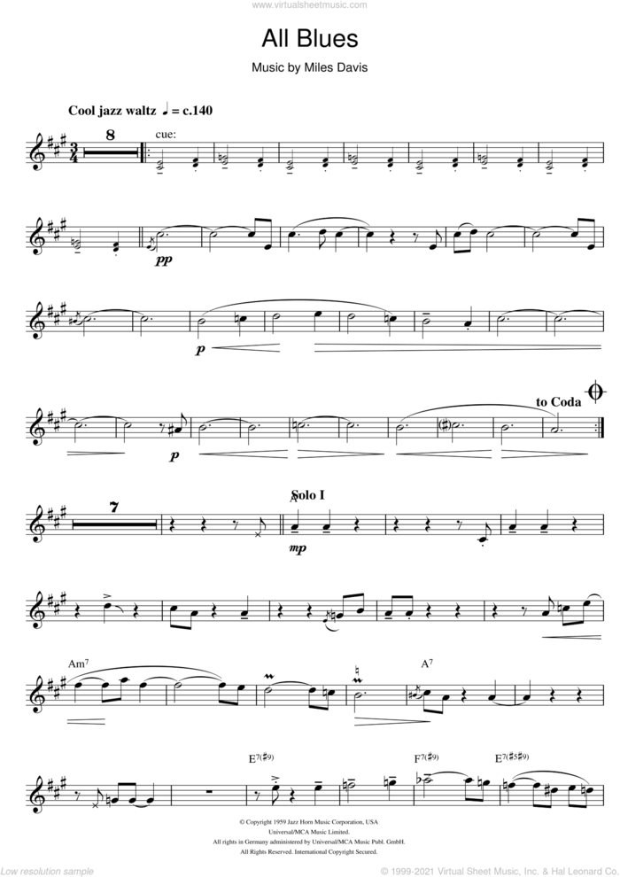 All Blues sheet music for tenor saxophone solo by Miles Davis, intermediate skill level