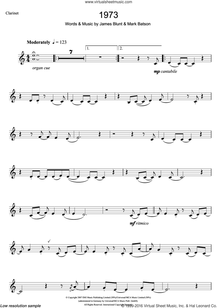 1973 sheet music for clarinet solo by James Blunt and Mark Batson, intermediate skill level