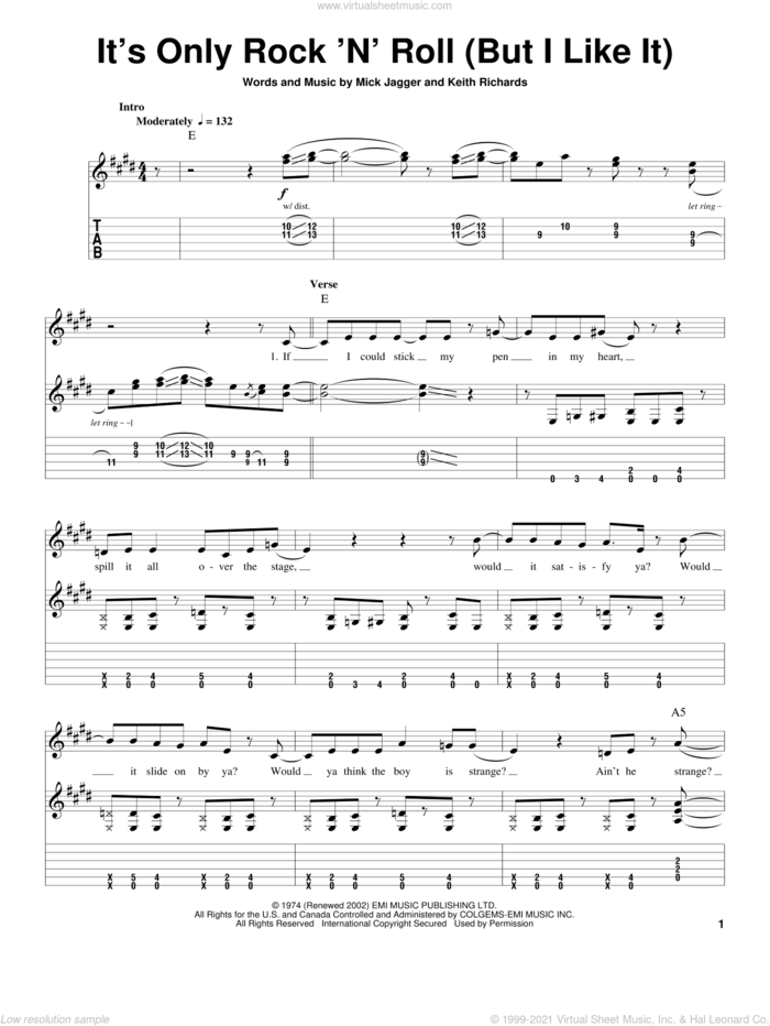 It's Only Rock 'N' Roll (But I Like It) sheet music for guitar (tablature, play-along) by The Rolling Stones, Keith Richards and Mick Jagger, intermediate skill level