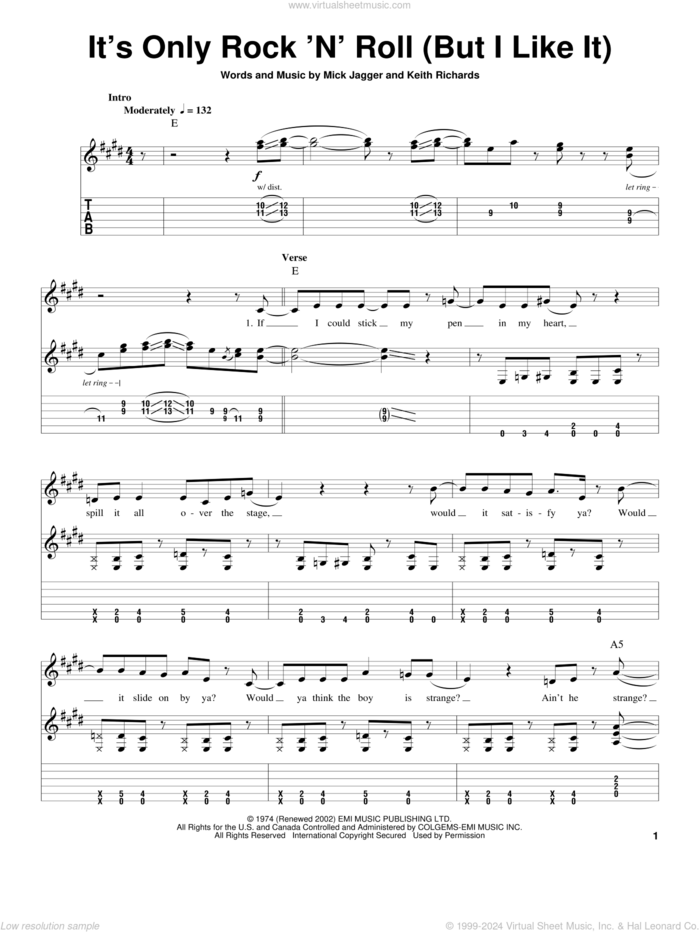 It's Only Rock 'N' Roll (But I Like It) sheet music for guitar (tablature, play-along) by The Rolling Stones, Keith Richards and Mick Jagger, intermediate skill level