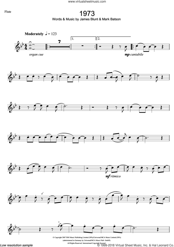 1973 sheet music for flute solo by James Blunt and Mark Batson, intermediate skill level