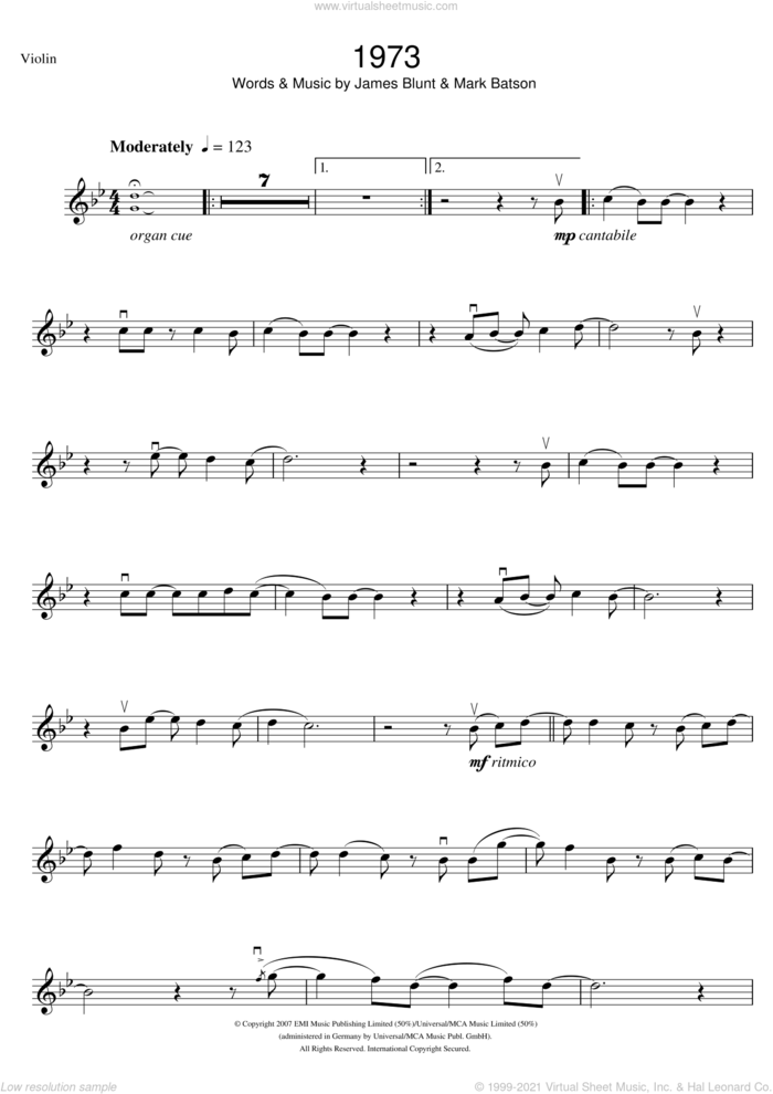 1973 sheet music for violin solo by James Blunt and Mark Batson, intermediate skill level