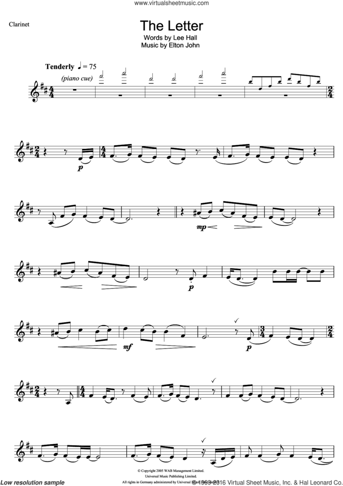 The Letter (from Billy Elliot: The Musical) sheet music for clarinet solo by Elton John and Lee Hall, intermediate skill level