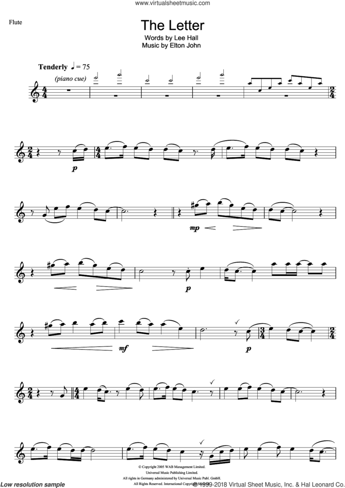 The Letter (from Billy Elliot: The Musical) sheet music for flute solo by Elton John and Lee Hall, intermediate skill level