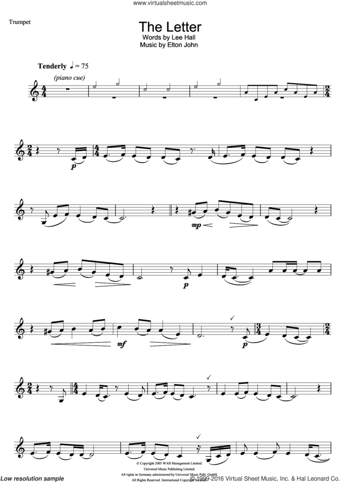 The Letter (from Billy Elliot: The Musical) sheet music for trumpet solo by Elton John and Lee Hall, intermediate skill level