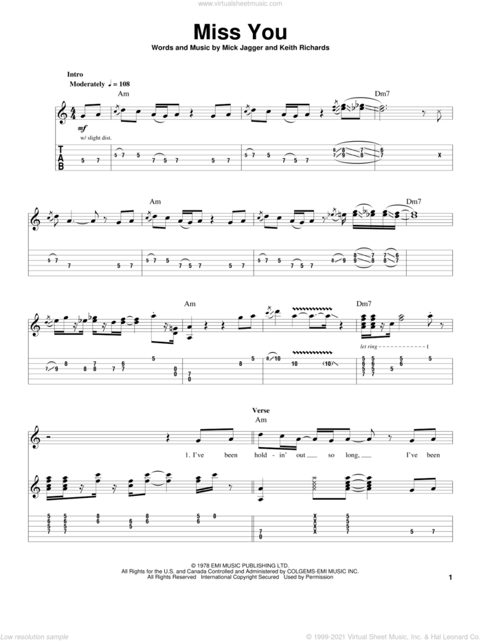 Miss You sheet music for guitar (tablature, play-along) by The Rolling Stones, Keith Richards and Mick Jagger, intermediate skill level