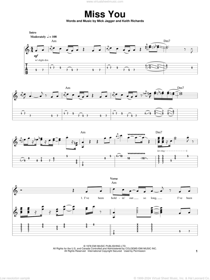 Miss You sheet music for guitar (tablature, play-along) by The Rolling Stones, Keith Richards and Mick Jagger, intermediate skill level