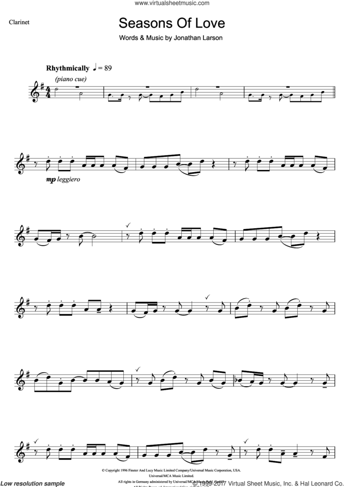 Seasons Of Love (from Rent) sheet music for clarinet solo by Jonathan Larson, intermediate skill level