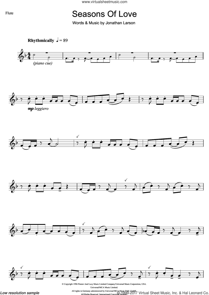 Seasons Of Love (from Rent) sheet music for flute solo by Jonathan Larson, intermediate skill level